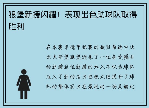 狼堡新援闪耀！表现出色助球队取得胜利